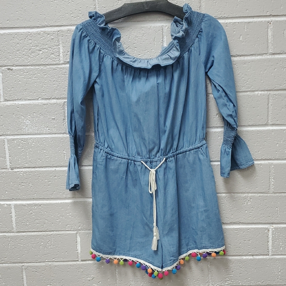 3/$20 Blue Ruffled Romper with Pom-Pom Trim